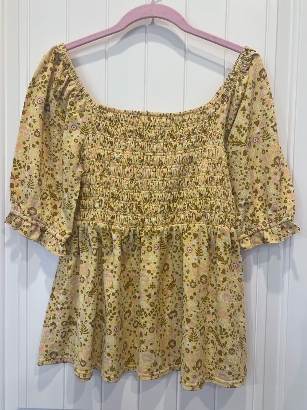 MELLODAY Yellow Floral Smocked Boho Cottagecore Top Sz Medium